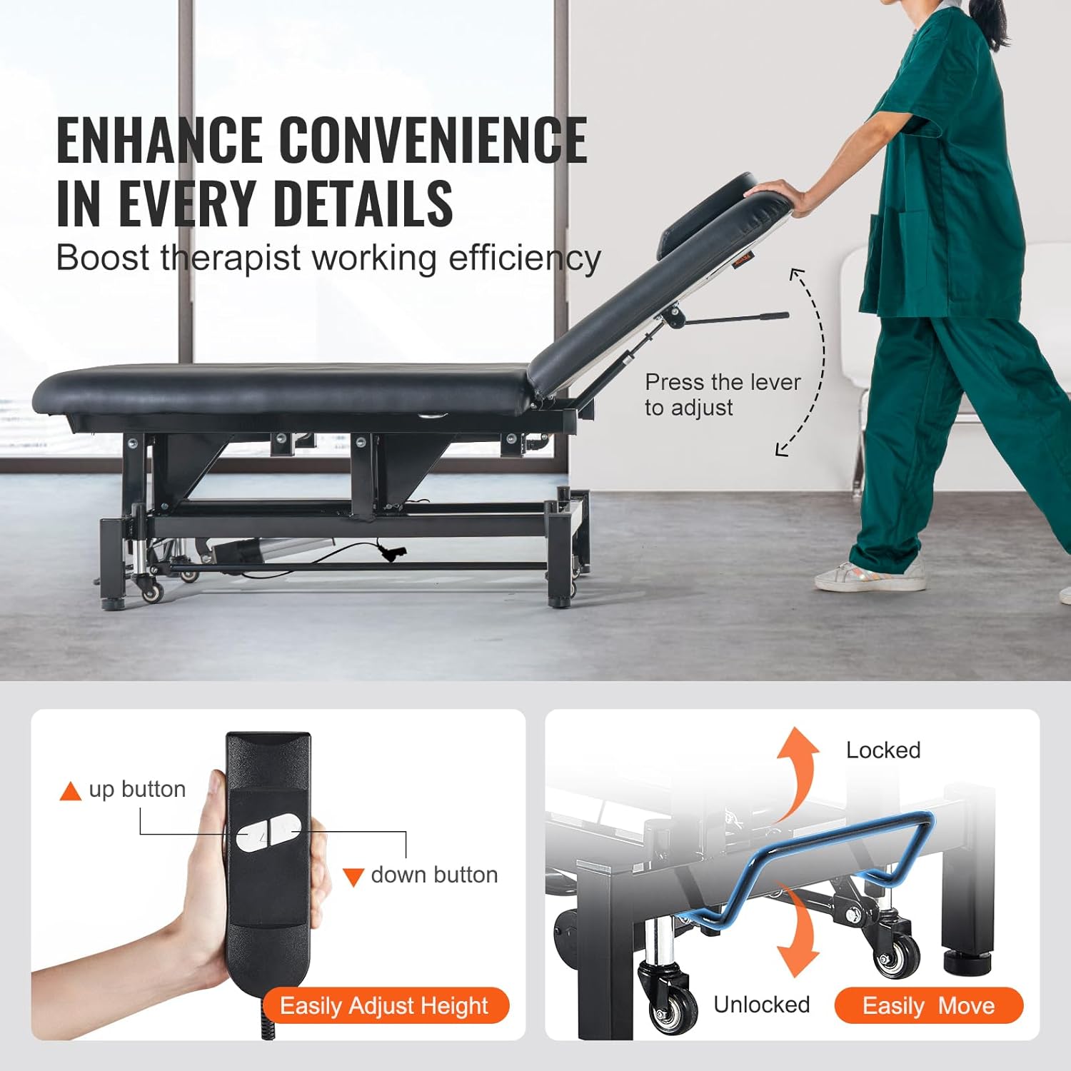 VEVOR Professional Electric Massage Table, 0-45° Adjustable Backrest Medical Table Beauty Bed, Height Adjustable Tattoo Spa Table on Wheels, Electric Lift Massage Table with Headrest, 550LBS