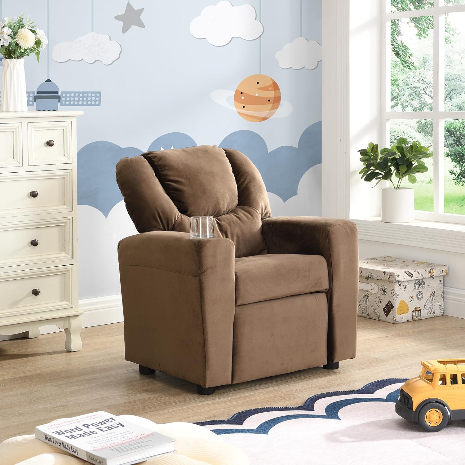 Kids Recliner Chair, Kids Upholstered Couch with One Cup Holder, Footrest, Backrest, Toddlers Velvet Recliner with Headrest and Footrest W214101804