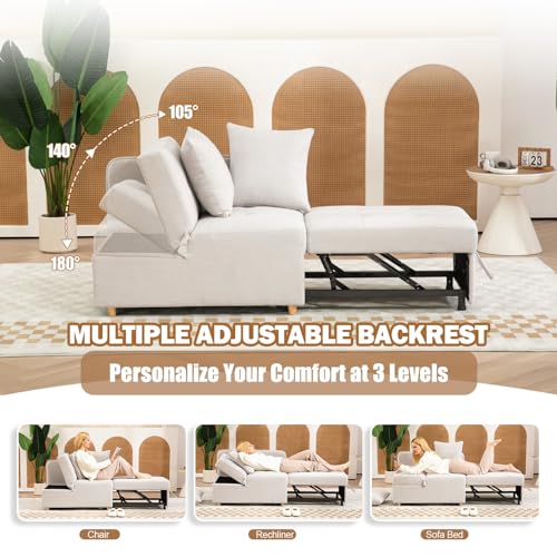3-in-1 Sleeper Sofa Chair Bed,3-Seat Linen Fabric Loveseat Sofa,Convertible Sofa Bed with 2 Throw Pillows for Living Room,Apartment Small Space (Beige)