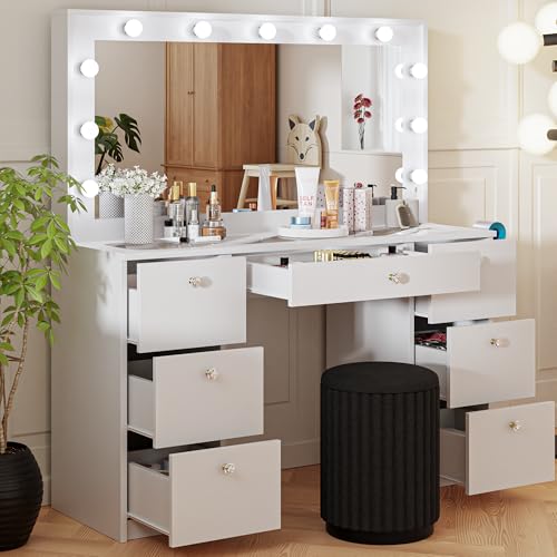 Boahaus Lyra LARGE Makeup Vanity Desk with Lights, 7 Drawers, Black Vanity Mirror with Lights Built-in, Drawer with Jewelry Divider, Power Outlet, Gold Crystal Ball Knobs, 56'' H x 46.3'' W x 14.6'' D