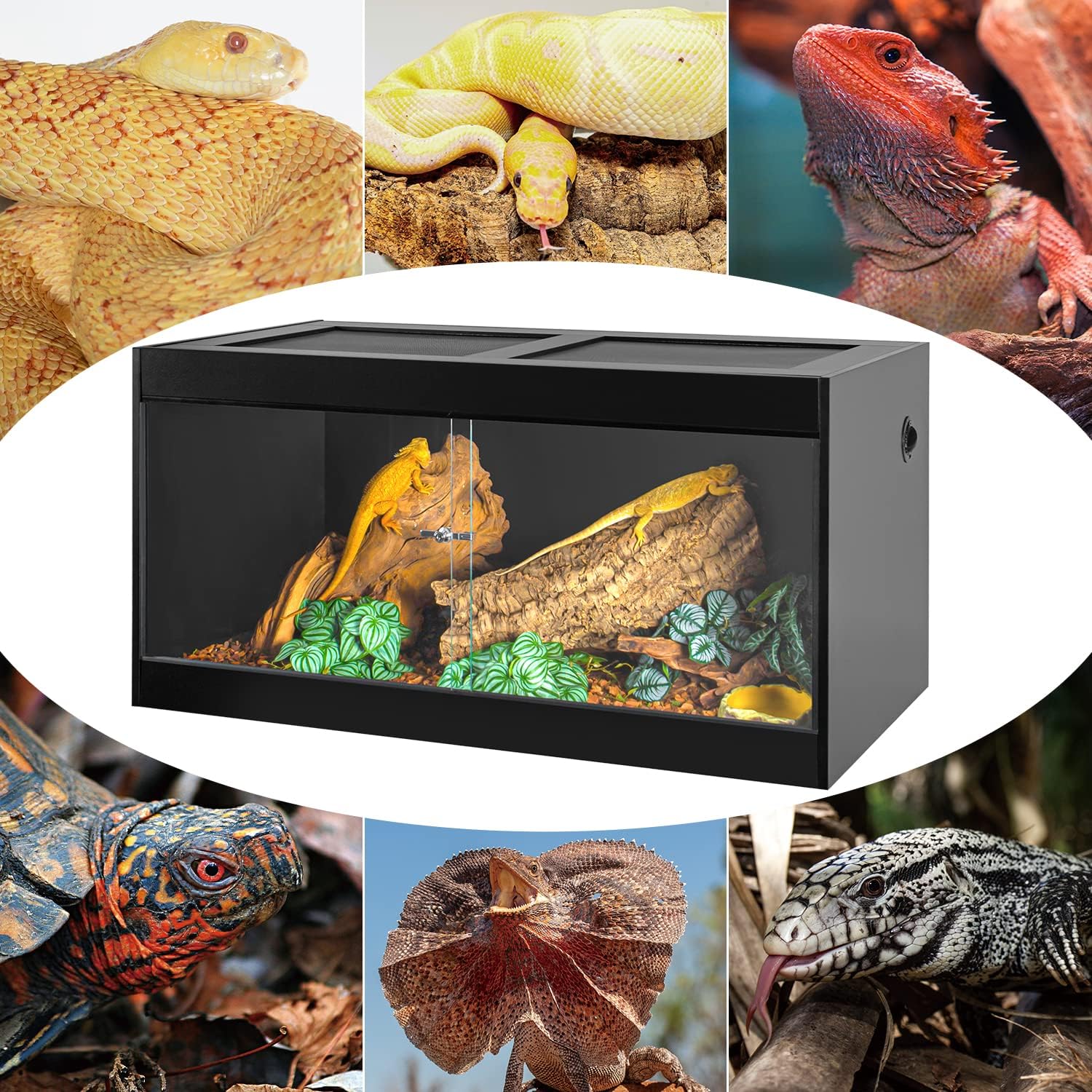 OIIBO 120 Gallon Reptile Original Wood Enclosure 48"x24"x24", Large & Wide Reptile Terrarium with Double Hinge Sliding Doors and Top Screen Ventilation Black Reptiles Habitat Lounge