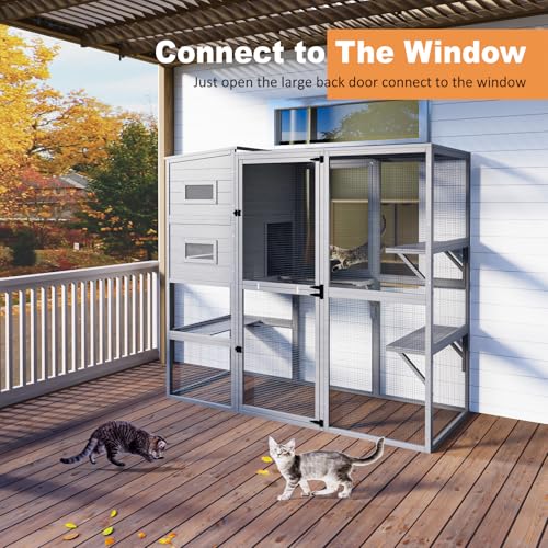 Catio Outdoor Cat Enclosure, Large Cat House for Mulitiple Cats Walk in Cat Cage with Waterproof Cover and Sunshine Panel Roof, Feral Cat Shelter with 7 Platforms and 2 Resting Box, 72 inch