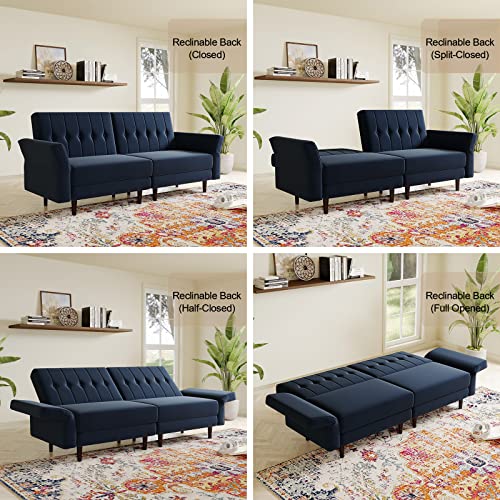 Belffin Velvet Convertible Futon Sofa Bed Memory Foam Futon Couch Sleeper Sofa Navy Blue