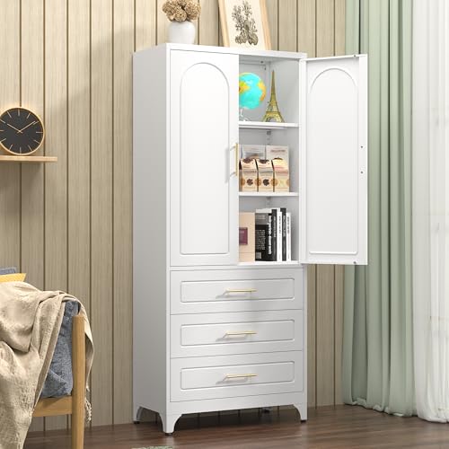 Metal Storage Cabinet with Doors and Shelves, 71 Inch Tall Kitchen Pantry Cabinet, Pantry Cabinets for Kitchen Storage, Freestanding Cupboard for Living, Dining Room, White, Assembly Required