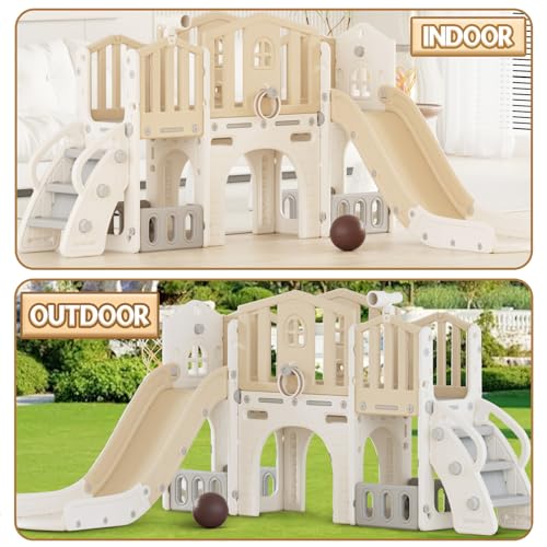 KORIMEFA 8 in 1 Toddler Slide Set, Kids Slide for Toddlers Age 1-3, Toddler Climber Slide PlaySet with Basketball Hoop,Outdoor Indoor Playground for Toddlers 1-3, Gray