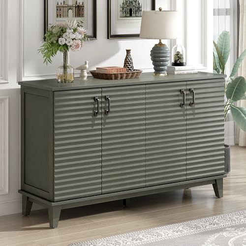 Retro Style Sideboard with 4 Door, Large Storage Buffet with Adjustable Shelves and Metal Handles, Wooden Accent Storage Cabinet for Kitchen, Living Room, Dining Room (Antique Gray-010)