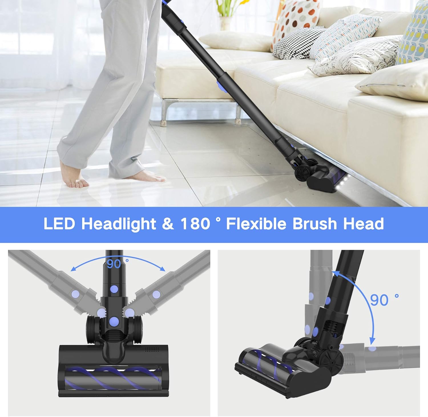 Wowgo Cordless Vacuum Cleaner, 160W Powerful Suction Stick Vacuum with 40min Max Long Runtime Detachable Battery, 4 in 1 Lightweight Quiet Handheld Vacuum Cleaner for Home Hard Floor Carpet Pet Hair