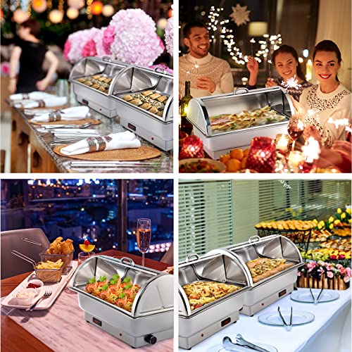 ROVSUN Electric 9 QT Stainless Steel Chafing Dish Buffet Set,Roll Top Chafer, Food Warmer with Full Size & 2 Detachable Food Pans for Party Wedding Catering Banquet Graduation