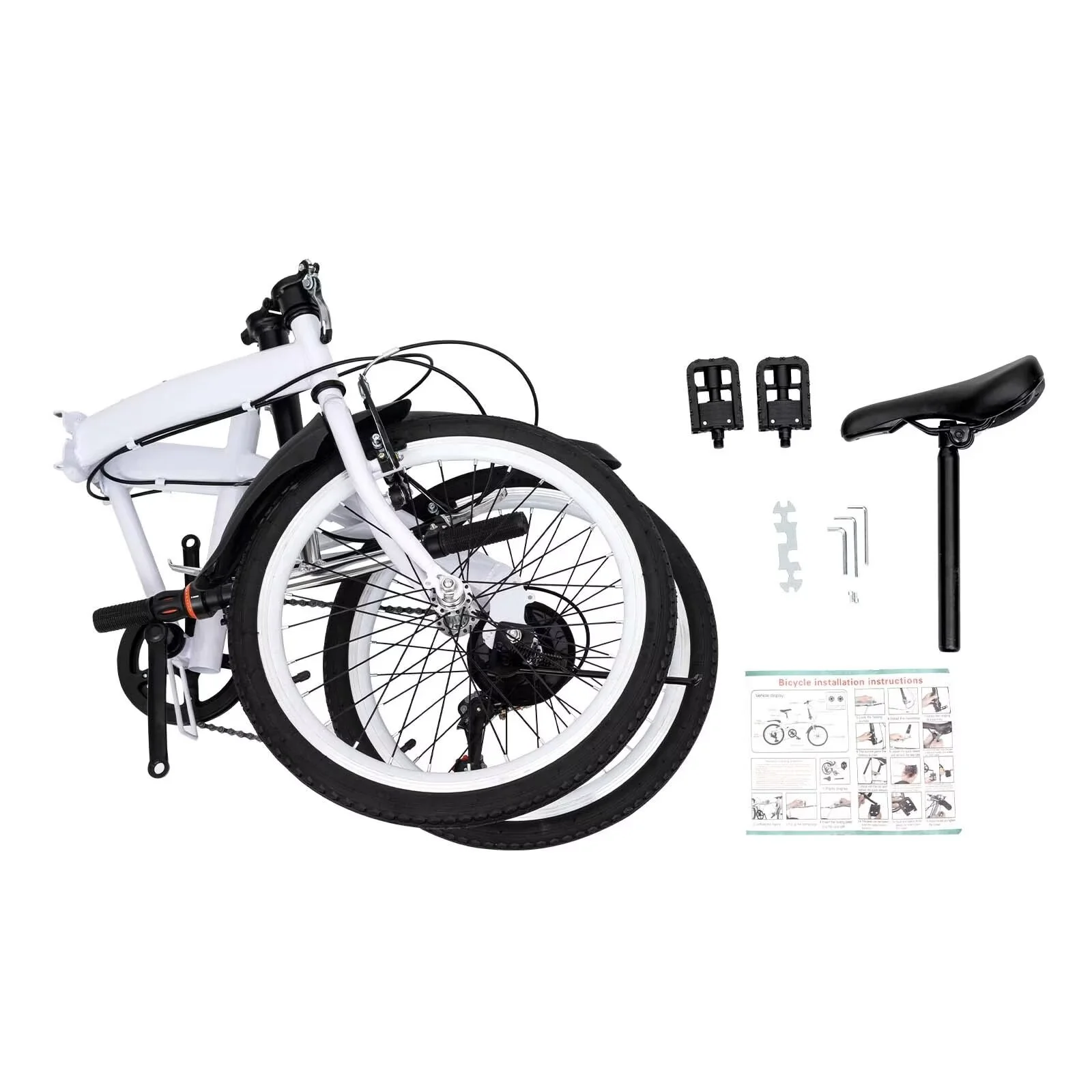 OUKANING 20" White Folding Bike Height Adjustable Foldable City Bike for Adult Commute Bicycle 6 Speed Gears with Mudguard