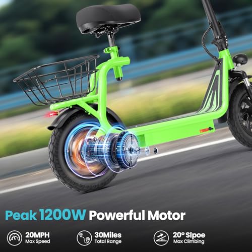 Caroma Electric Scooter with Seat,1200W Peak Motor,LED Display & 3 Speed Modes,30 Miles Max Range,Height Adjustable Seat & Foldable Electric Scooter with Basket,Front Suspension & Storage Hook