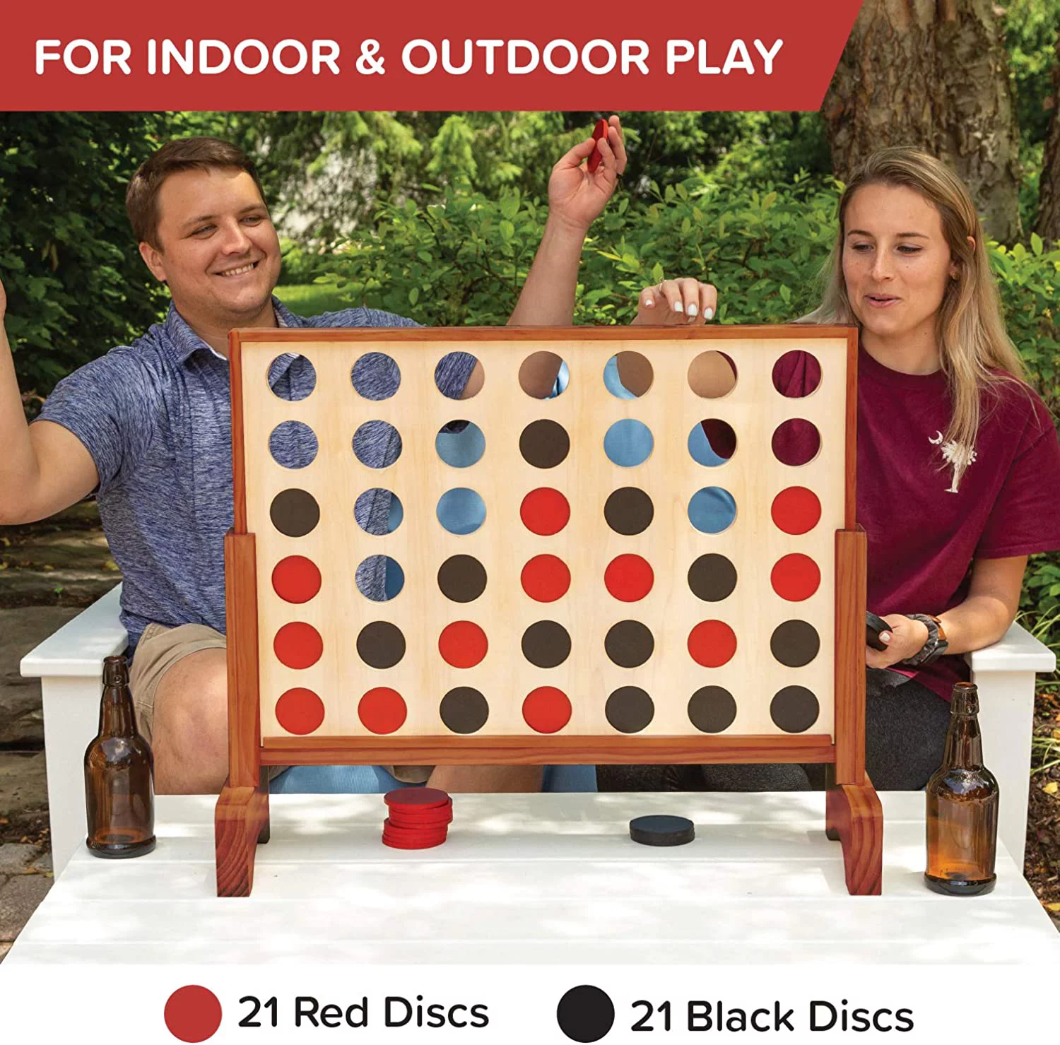 Giant Wooden 4 in a Row Game - Drop Four Connect Board Game Outdoor Game with Coins, Case and Rules