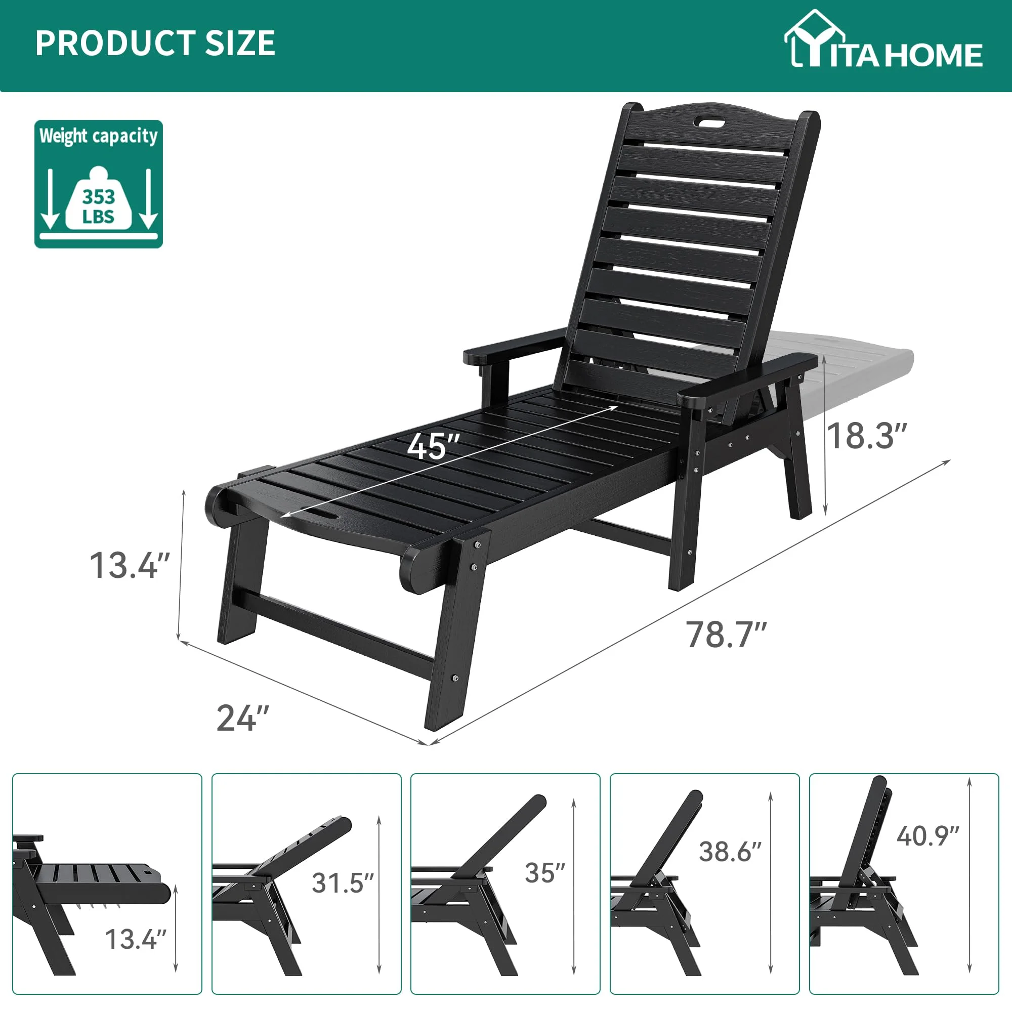 Dextrus Outdoor Chaise Lounge Chair with Adjustable Backrest, Heavy Duty Resin Patio Lounger with Wide Armrest and 350lbs Capacity for Outside Poolside Beach Backyard, Waterproof, Black