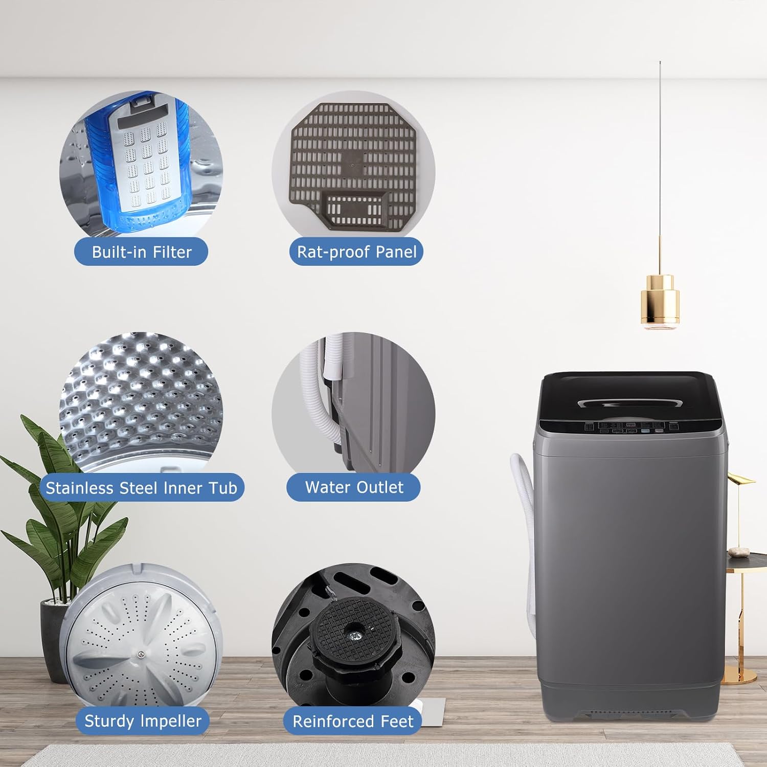 Washing Machine Washer Machine 1.25cu.ft Apartment Dorm Laundry Compact Portable Washer Gray Full Automatic, 8 Water Levels, 10 Wash Programs