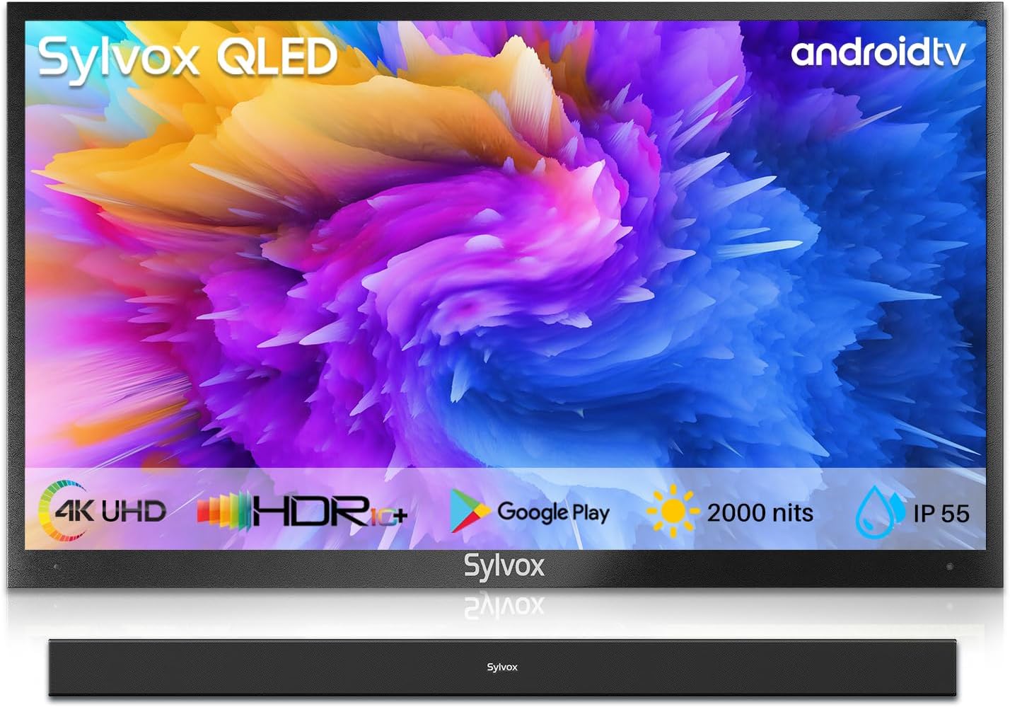 SYLVOX Outdoor TV with Soundbar, 4K QLED Outdoor TV 43" 2000 Nits Full Sun, Outdoor Smart Television with Voice Control & Chromecast Built-in, IP55 Weatherproof TV for Outside (Pool Pro QLED Series)