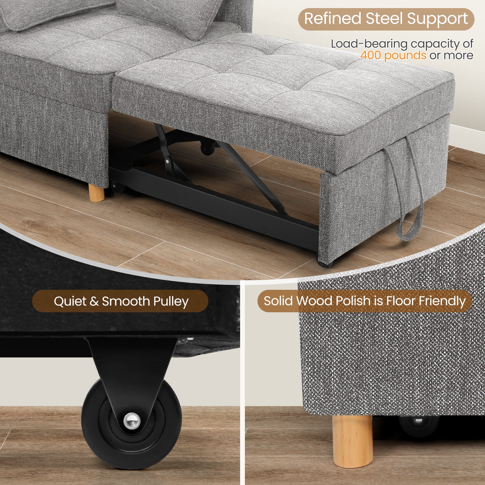 SEJOV Convertible Sofa Bed 4-in-1 Sofa Beds Chair 3-Seat Futon Sofa, Linen Sleep Bed Couch with 5 Adjustable Backrest and Pillows,Living Room Furniture for Apartment Living Room Office，Gray