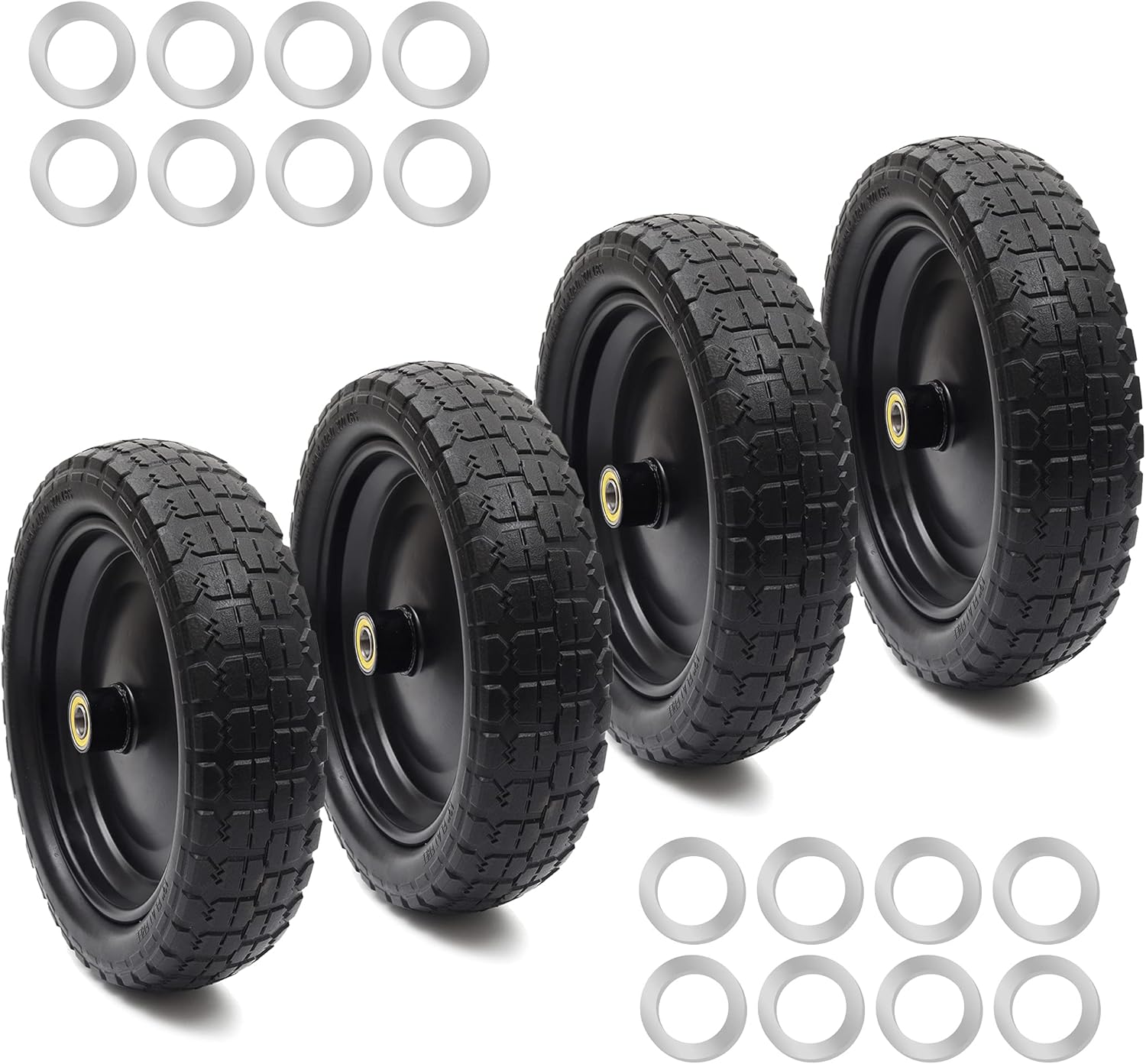 (4-Pack) 13‘’ Tire for Gorilla Cart - Solid Polyurethane Flat-Free Tire and Wheel Assemblies - 3.15” Wide Tires with 5/8 Axle Borehole and 2.1” Hub