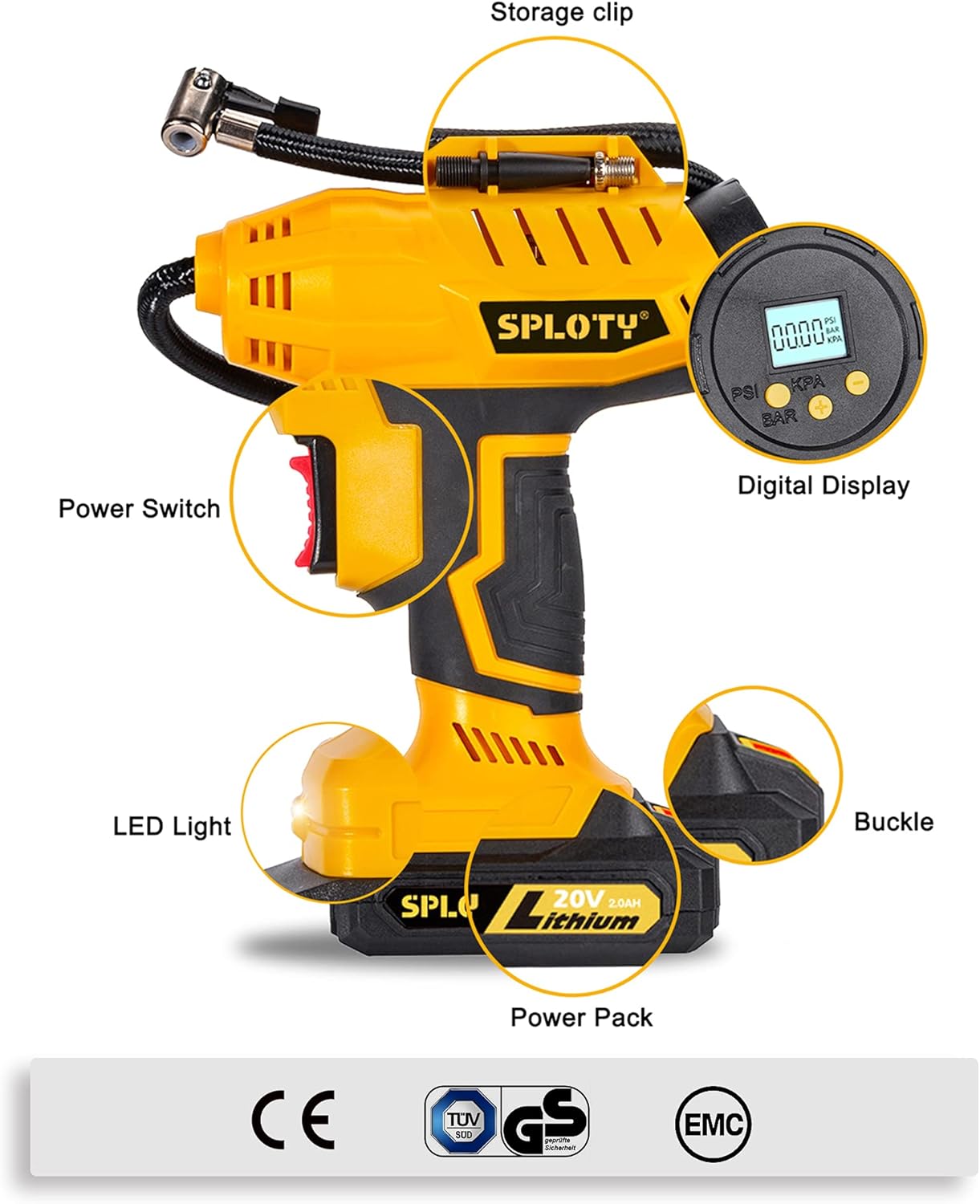 SPLOTY Cordless Tire Inflator Portable Air Compressor 20V Rechargeable Battery Handheld Air Pump 160PSI,12V Car Power Adapter Digital Pressure Gauge for Cars,Motorcycles,Balls and Other Inflatables