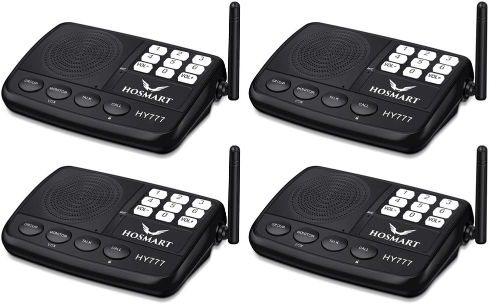 Wireless Intercom System Hosmart 1/2 Mile Long Range 7-Channel Security Wireless Intercom System for Home or Office (New Version) [4 Stations Black]