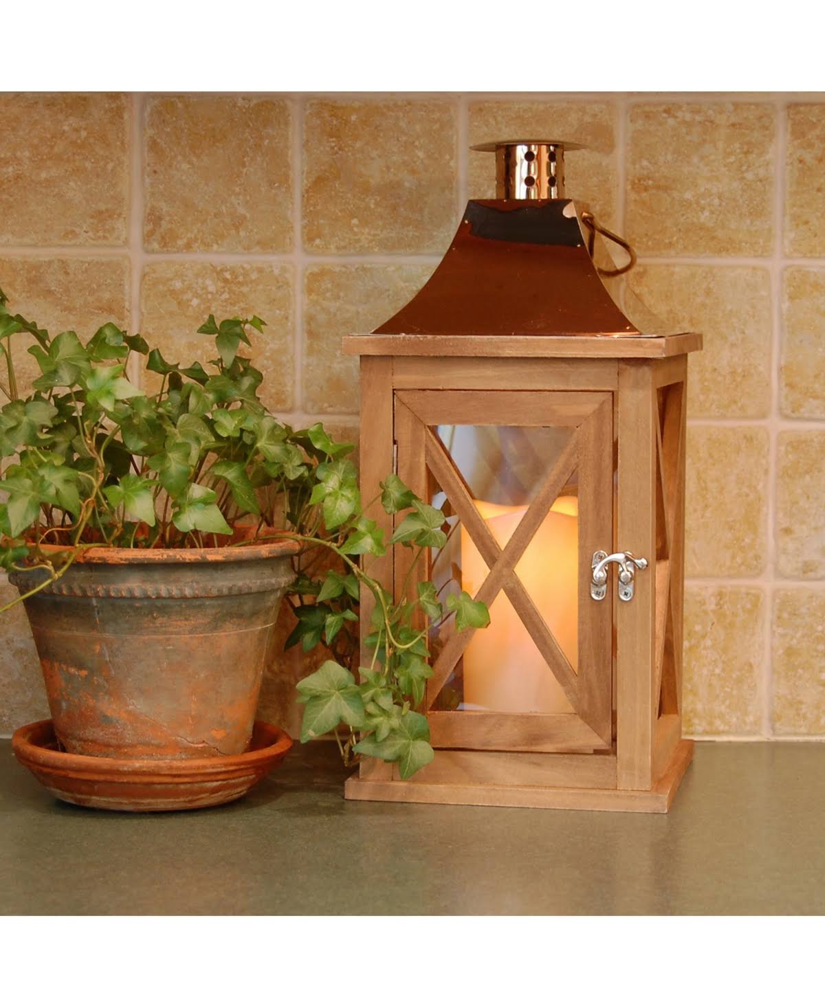 Lumabase Natural Wooden Lantern with Copper Roof and LED Candle - Brown