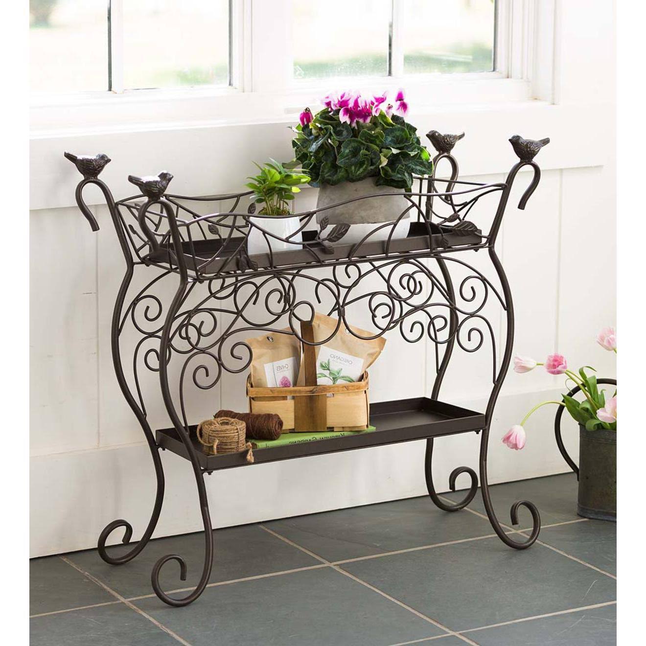 Plow u0026 Hearth Two-Shelf Cast Iron Plant Stand with Birds