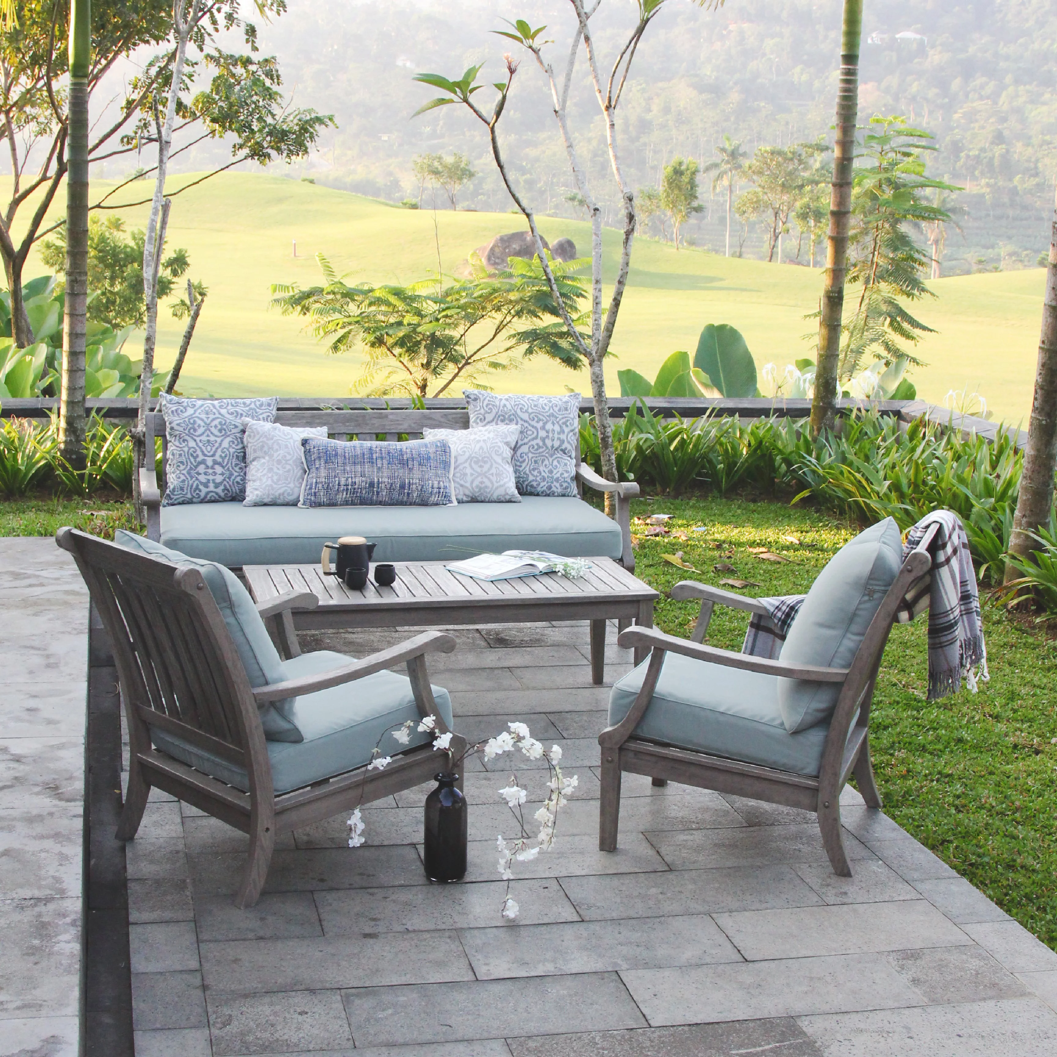 Alston Wood Outdoor Sofa Daybed with Blue Spruce Cushion