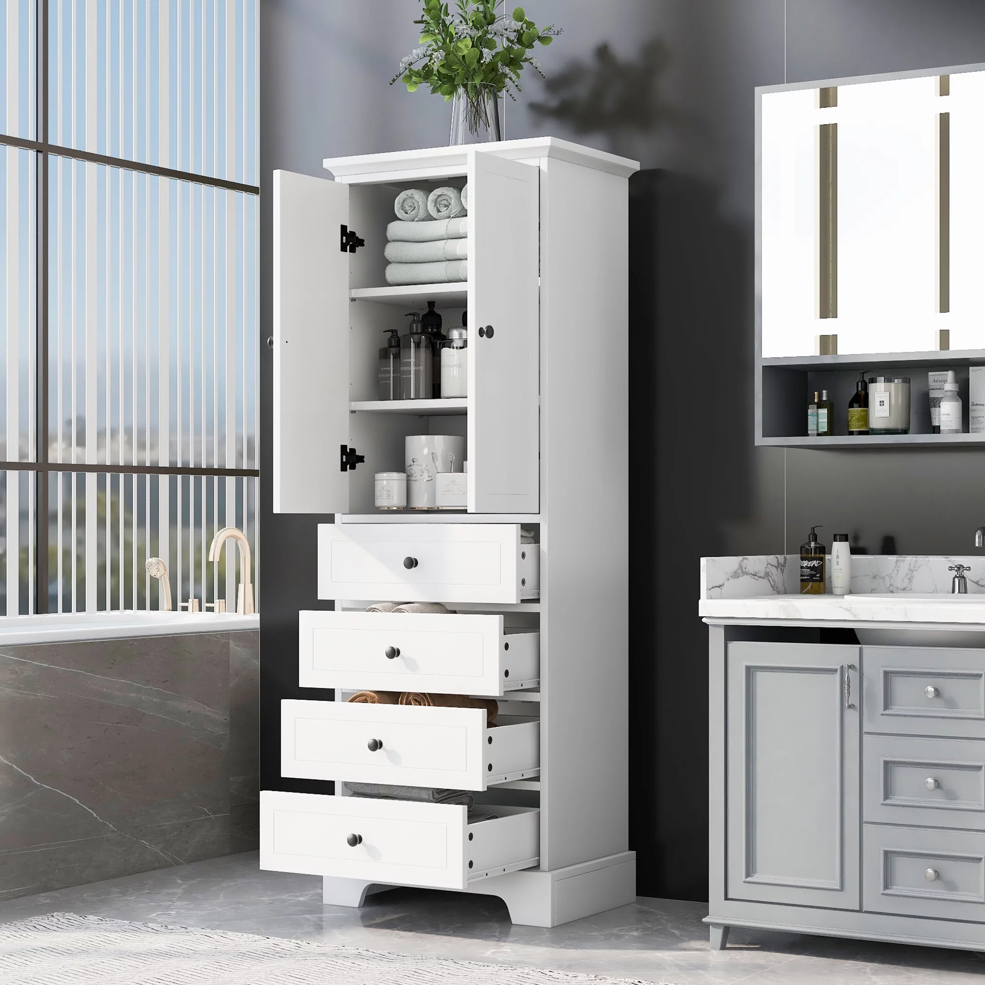 Hombay Tall Bathroom Storage Cabinet with 2 Doors and 4 Drawers, Wood Freestanding Cupboard Pantry with Adjustable Shelves for Living Room Bedroom Kitchen