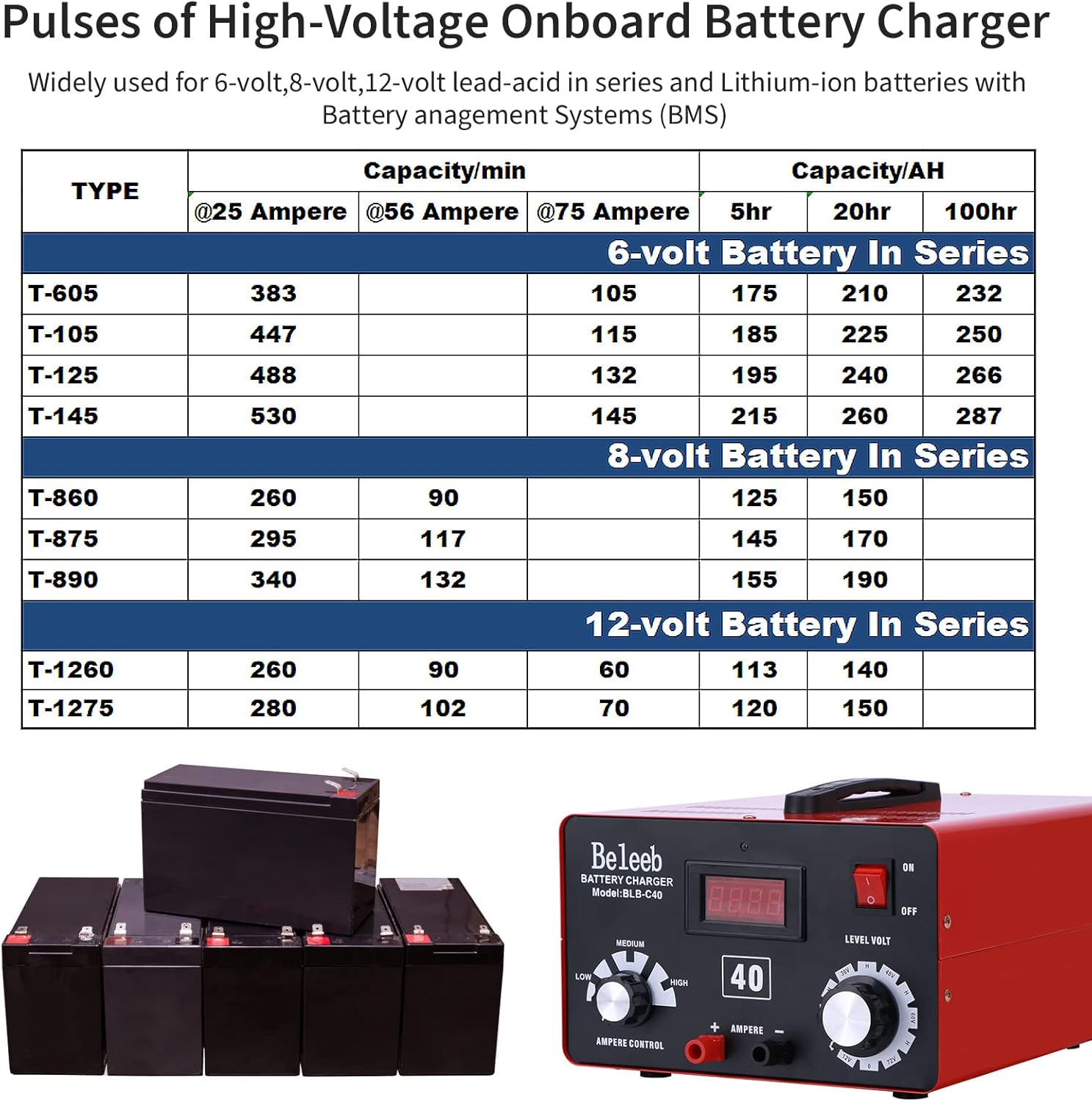 Beleeb C40 Adjustable Battery Charger 12V 24V 36V 48V 60V 72V, Pulses of High-Voltage Battery Desulfator Maintainer with Smart Chip for Lead-Acid Lithium-ion Batteries