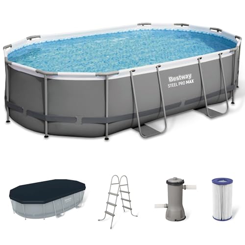 Bestway Power Steel 16' x 10' x 42" Rectangular Metal Frame Above Ground Swimming Pool Set with 1000 GPH Filter Pump, Ladder, and Pool Cover