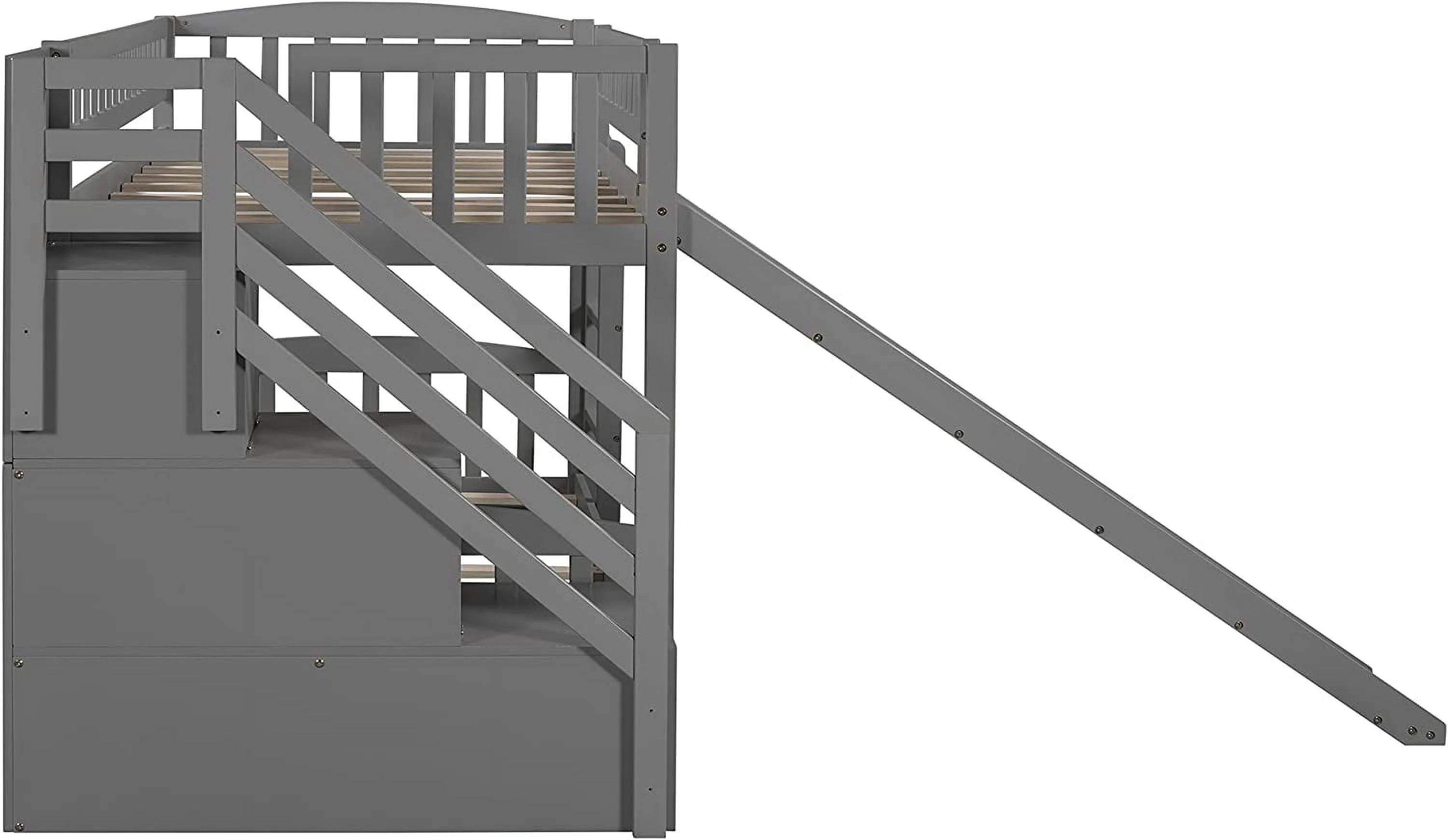 Kids Bunk Bed Over , Wooden Bunk Bed With Slide And Guardrail, Floor Bunk Bed With Stairway/Two Drawers/Handrail, Space-Saving Bedroom Dormitory Furniture (Gray)