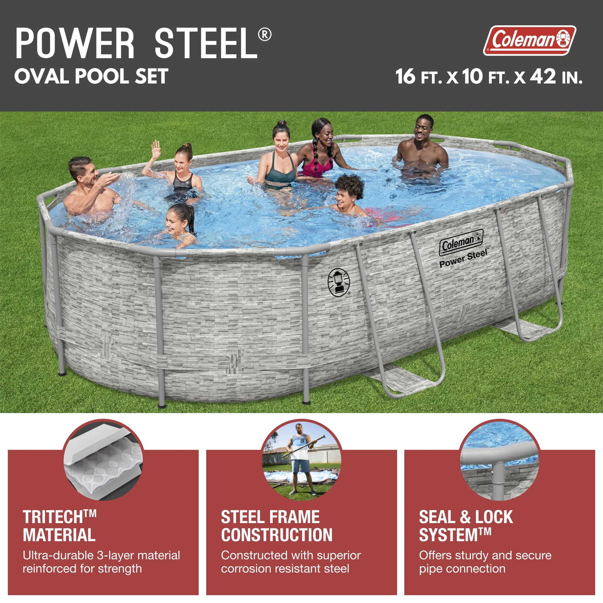 Coleman Power Steel 16 ft. x 10 ft. x 42 in. Oval Metal Frame Above Ground Pool Set