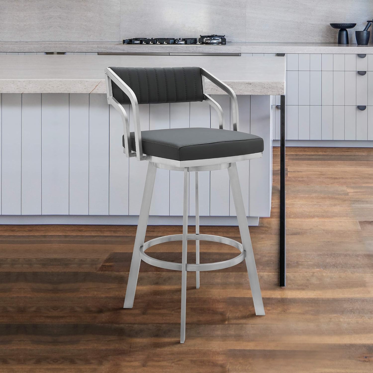 Armen Living Capri 26 Counter Height Swivel Barstool with Black Finish and Slate Grey Faux Leather