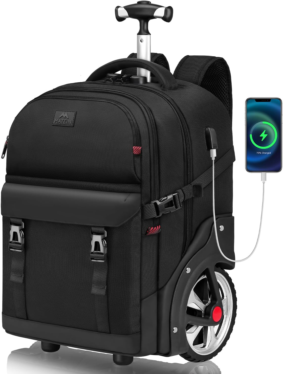 MATEIN Rolling Backpack for Adults with Wheels, 17 Inch Large Wheeled Backpack with USB Charging Port & Combination Lock, Water Resistant Anti Theft Travel Laptop Backpack for Men Work Business, Black