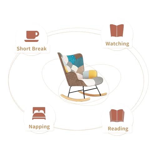 Patchwork Rocking Chair Accent Armchair Single Sofa Chair with Footstool and Pillow Fabric Upholstered High Back Armchairs Lounge Chair for Living Room Reading Bedroom 35''Lx 26''Wx37.8''H Colorful