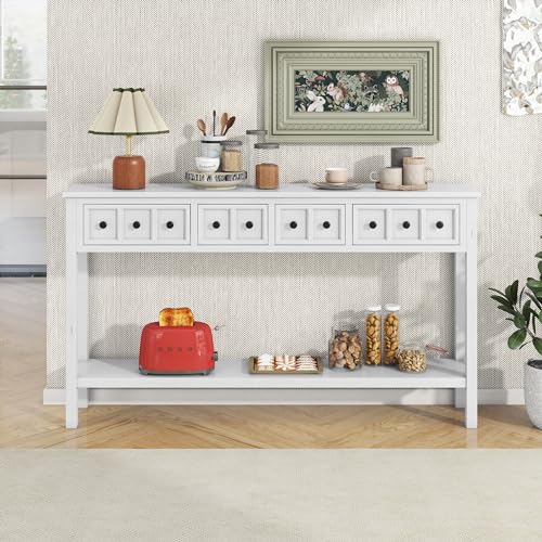 YUNLife Sideboard Console Table with 2 Drawers and Bottom Shelf, Farmhouse Wood/Glass Buffet Storage Cabinet for Living Room, Entryway and Kitchen