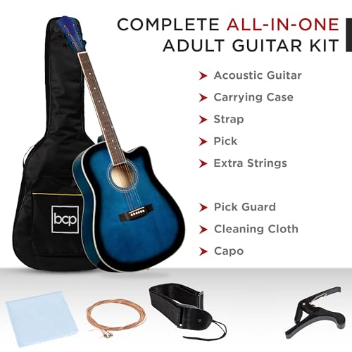 Best Choice Products 41in Beginner Acoustic Guitar Full Size All Wood Cutaway Guitar Starter Set Bundle with Case, Strap, Capo, Strings, Picks - Natural