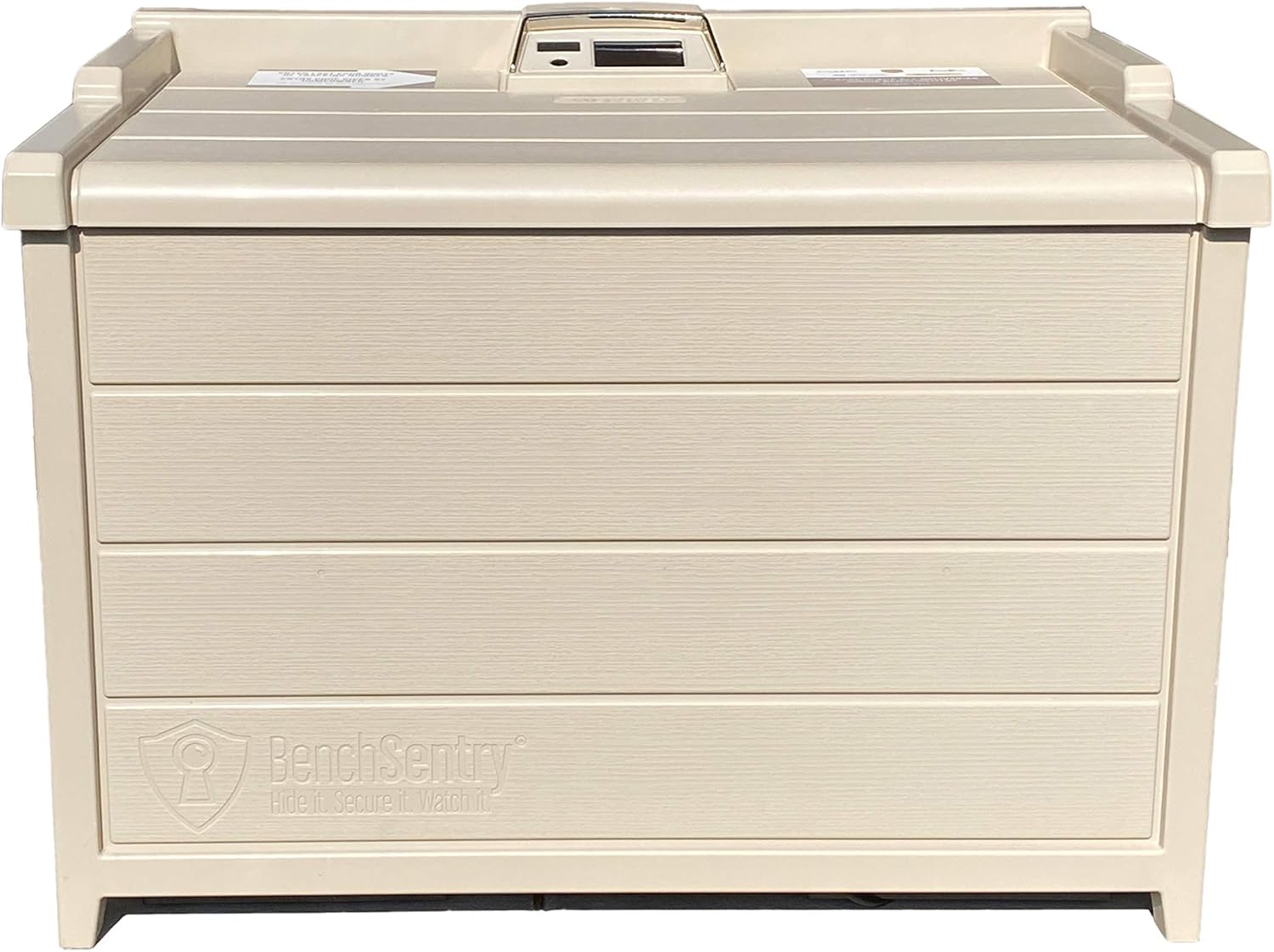 BenchSentry by Genie Secure & Smart Package Delivery Porch Box - Tan Weatherproof Mailbox - Eliminates Porch Theft – Includes Smart Lock & Free App – Control From Your Smartphone - Requires Outlet