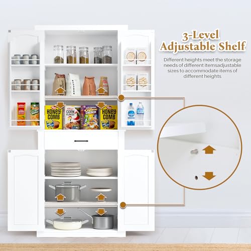 HollyHOME 72" Kitchen Pantry Cabinet, Storage Cabinet with 4 Doors and 1 Drawer, Freestanding Cupboard with Adjustable Shelves and 6 Door Shelves for Kitchen, Dining Room, Living Room, White