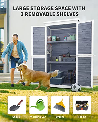 Gizoon Outdoor Storage Cabinet with 3 Shelves, Double Lockable Wooden Garden Shed with Waterproof Roof, Outside Vertical Tall Tool Shed for Yard Patio Lawn Deck-Natural