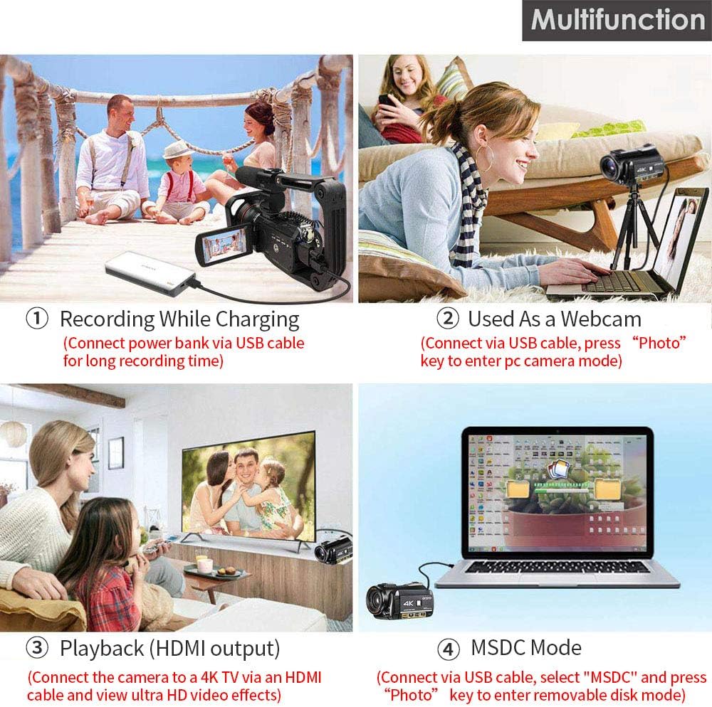4K Camcorder Vlogging Camera for YouTube ORDRO HDR-AC3 Ultra HD Video Camera 1080P 60FPS IR Night Vision Wi-Fi Camera Recorder Digital Camcorders with Microphone Wide Angle Lens Handheld Stabilizer