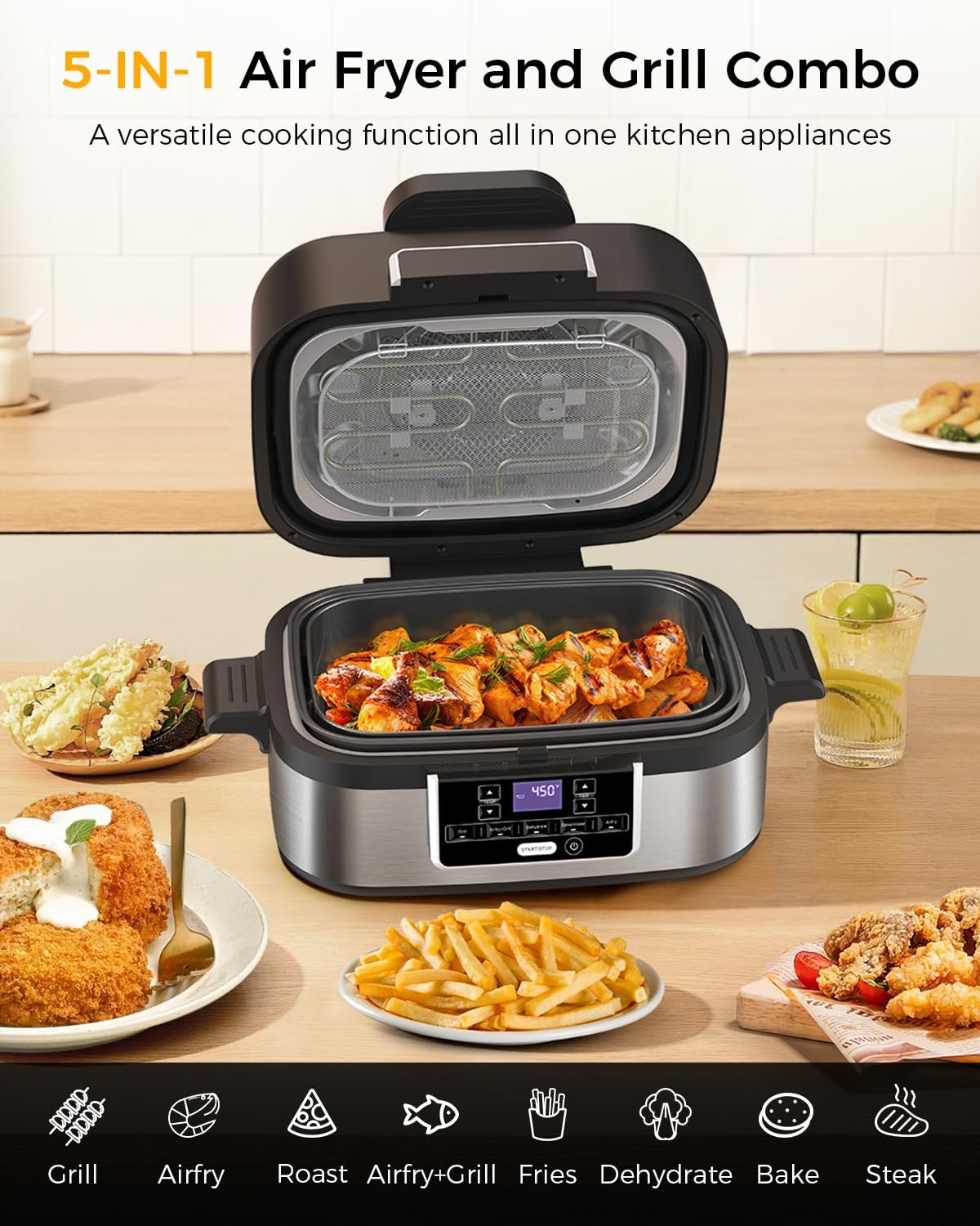 Joy Pebble Indoor Grill with Air Fry, 5-IN-1 Electric Smart Air Fryer Grill Combo, Stainless Steel with Air Grill, Air Fryer, Roast, Bake, Dehydrate, Beef & Fries, 5QT Large Capacity Smokeless, Black