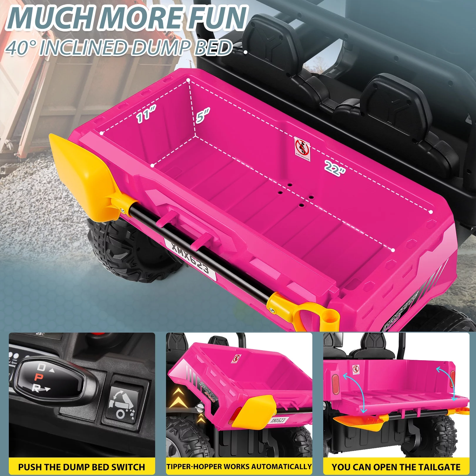 Vibespark 24 V 2x200W Kids Ride on Dump Truck with Remote Control, 2 Seater Electric Powered 4-Wheel UTV Toys, Ride on Tractor Car w/ Tipping Bucket Trailer, Shovel, Suspension, Bluetooth Music, Pink - Curated Treasures Market
