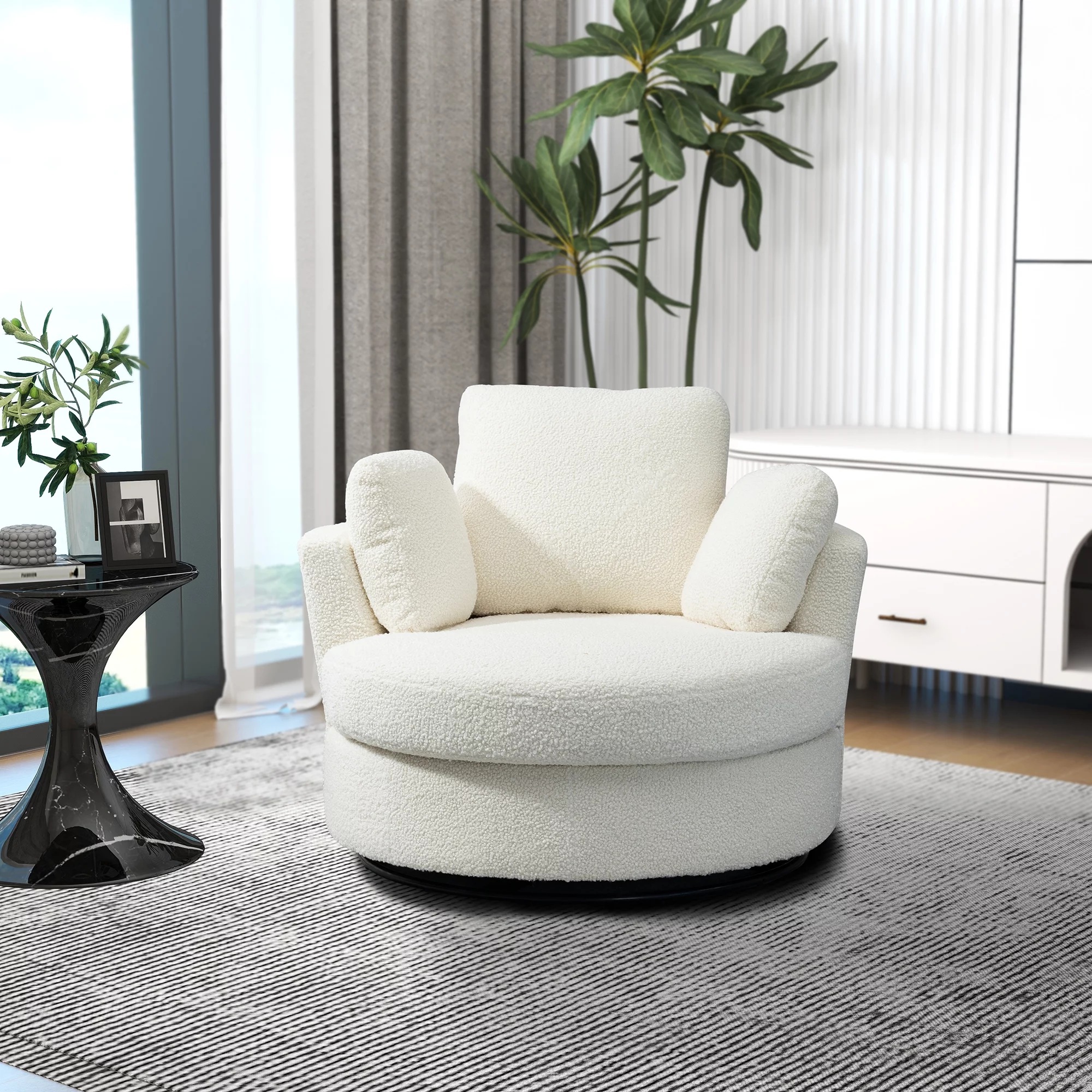 42.2"W Swivel Accent Barrel Chair And Half Swivel Sofa With 3 Pillows 360 Degree Swivel Round Sofa Modern Oversized Arm Chair Cozy Club Chair For Bedroom Living Room Lounge Hotel, Ivory Boucle
