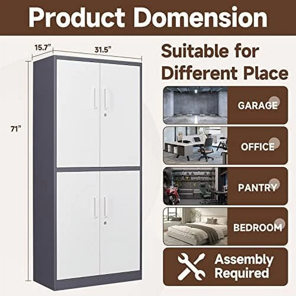 HBBOOMLIFE Metal  Cabinet with Lock 71" White Garage Cabinet with 2 Doors and 5 Adjustable Shelves  Steel Locking Cabinets Tall Tool  Cabinet  Lockable File Cabinet for Home Office  P - Curated Treasures Market