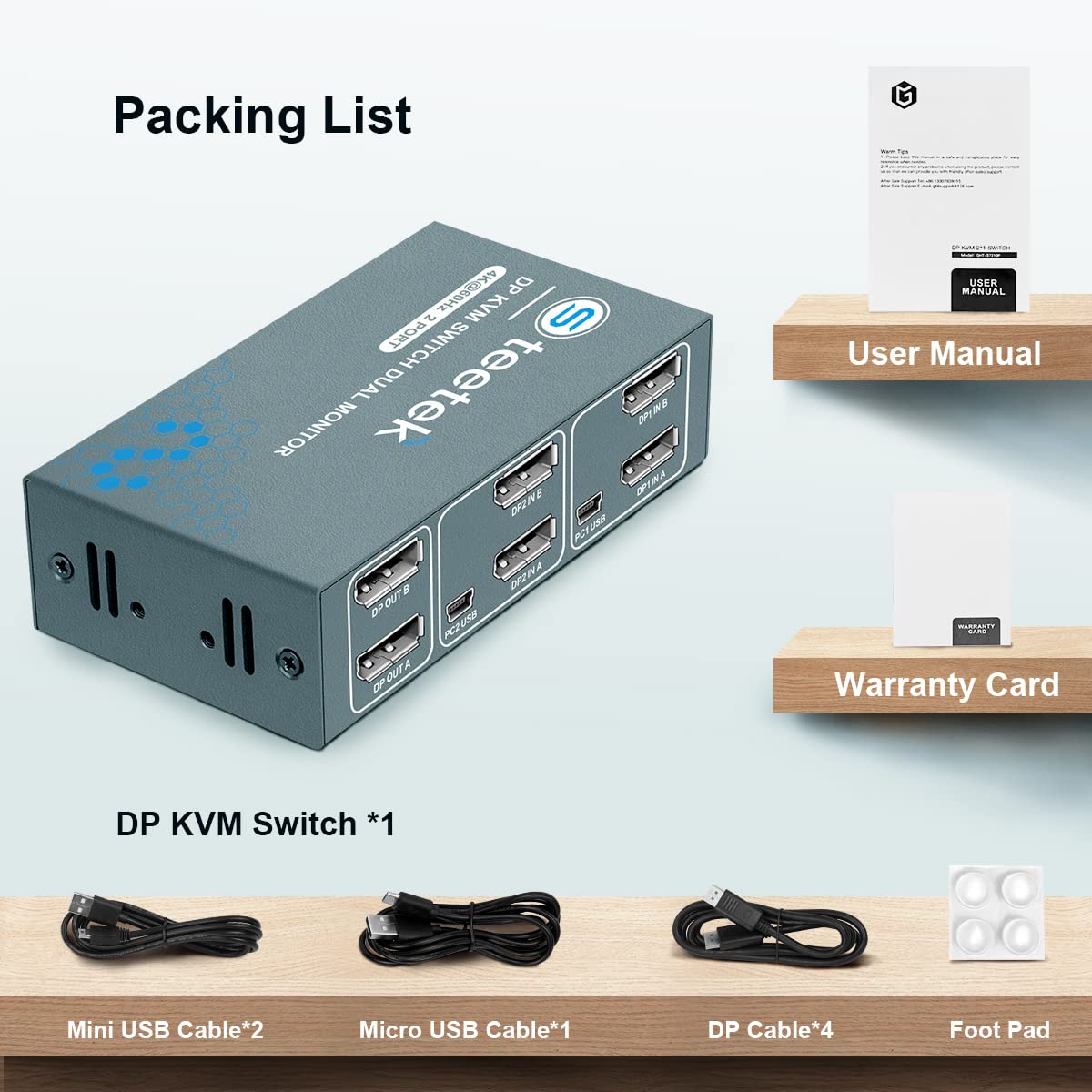 KVM Switch Dual Monitor DP 4K@60Hz Extended Display, Displayport 1.2 KVM Switch 2 in 2 Out with 4 USB 2.0 Hub, PC 2 Monitors Keyboard Mouse Switcher. Come with 4 DP Cables and 2 USB Cables