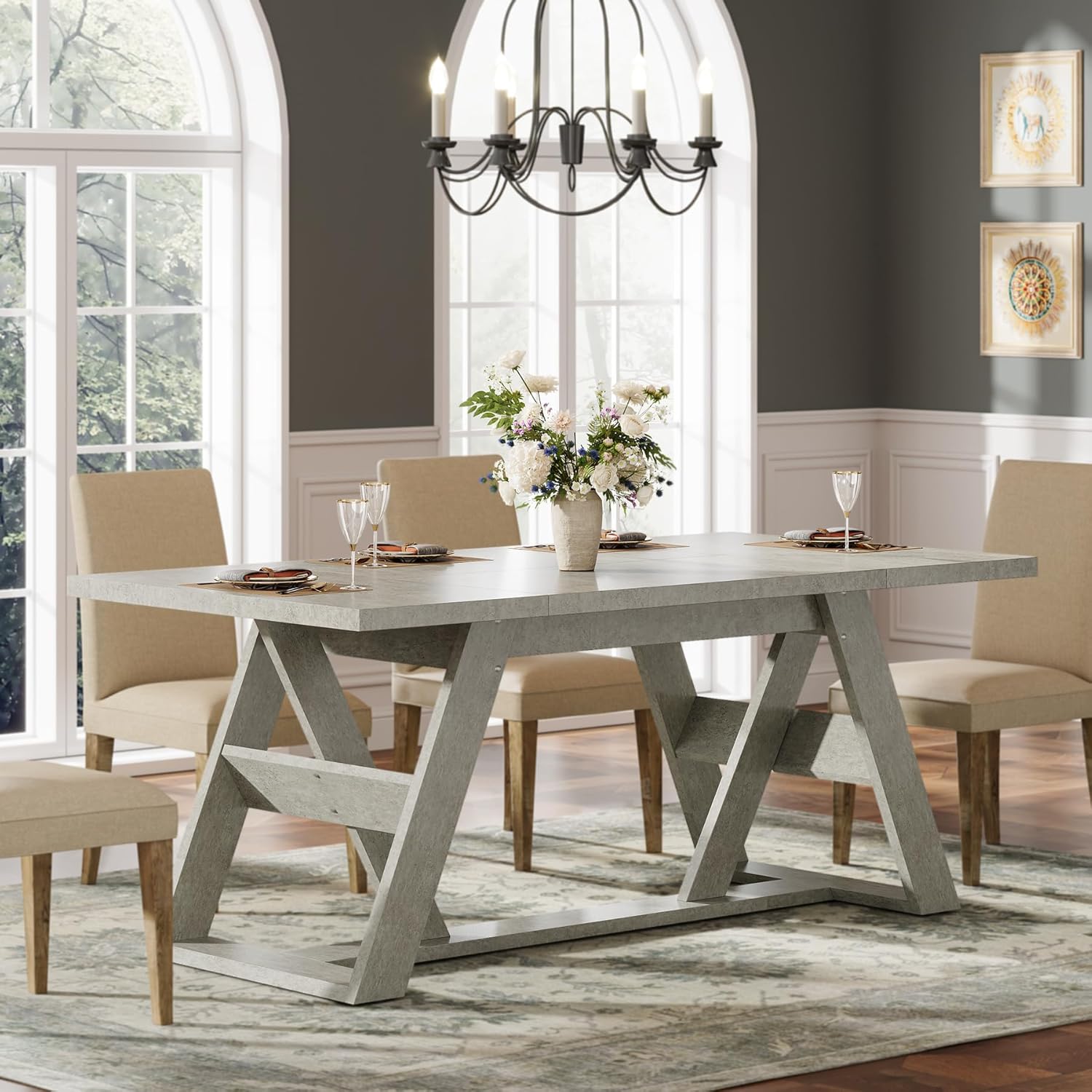 Tribesigns 70.9-Inch Dining Table, Farmhouse Kitchen Dining Room Table for 6-8 People, Wood Kitchen Table Dinner Table with Double X-Shaped Base for Dining Room, Gray