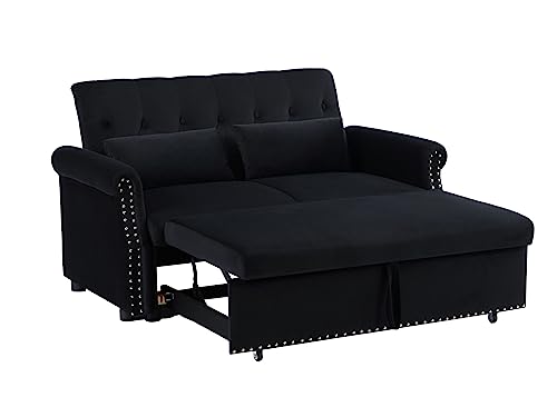 3 in 1 Convertible Sofa Bed with 2 Lumbar Pillows, Velvet Upholstered Sleeper Recliner Sofa Couch with Detachable Armrest, Multifunctional Pull Out Couch for Living Room, Bedroom, Office, Black