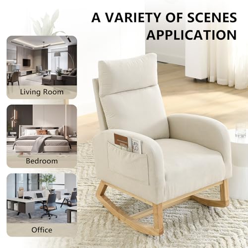 NIOIIKIT Modern Nursery Rocking Chair, Teddy Upholstered Glider Chair with High Back and Side Pocket, Comfy Accent Armchair with Wood Legs, Recliner Chair for Living Room (Grey Teddy)