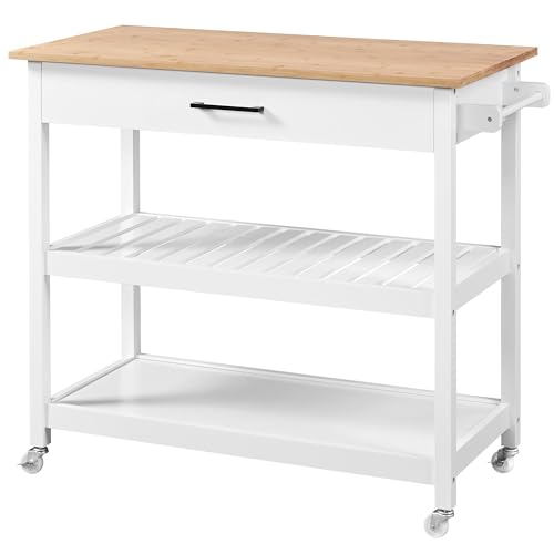 Yaheetech Kitchen Island Cart on Wheels with Bamboo Tabletop, 3-Tier Rolling Kitchen Island Microwave Cart with Drawer, Detachable Towel, 3 Hooks, 17" D x 37.5" W, White