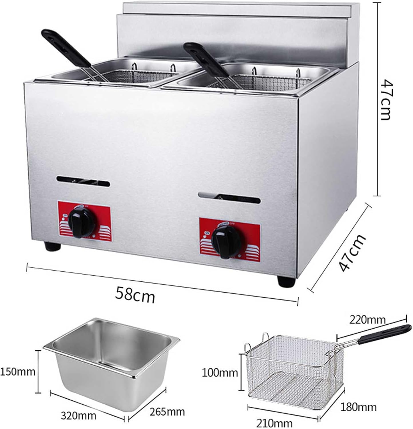 LPG Gas Deep Fryer with 6L*2 Basket and Lid Stainless Steel Countertop Propane-LPG Propane (LPG) W/Metal Tube Home Kitchen