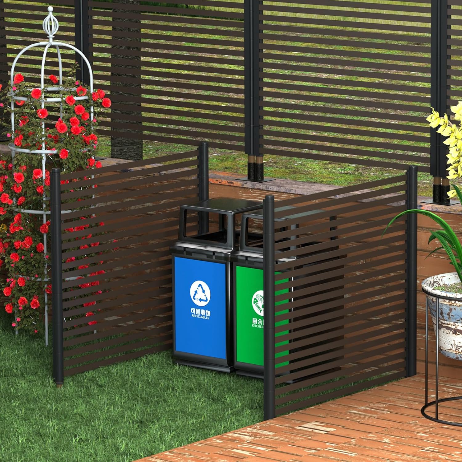 Courtyard Privacy Screen - Length: 43 inches, Height: 47 inches Metal terrace screen, PE coated steel pipe, suitable for outdoor trash cans, air conditioning, swimming pool equipment fences (2 panels)